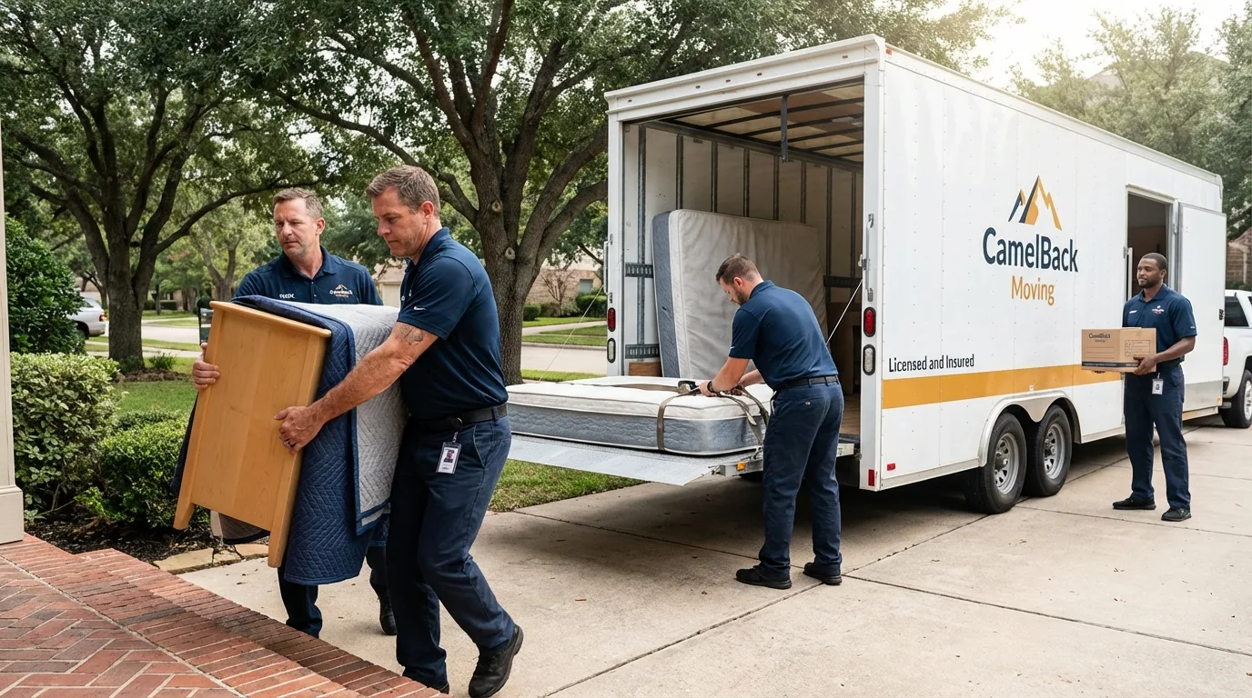Crew loading residential truck for cross-state move from Honeoye Falls, NY