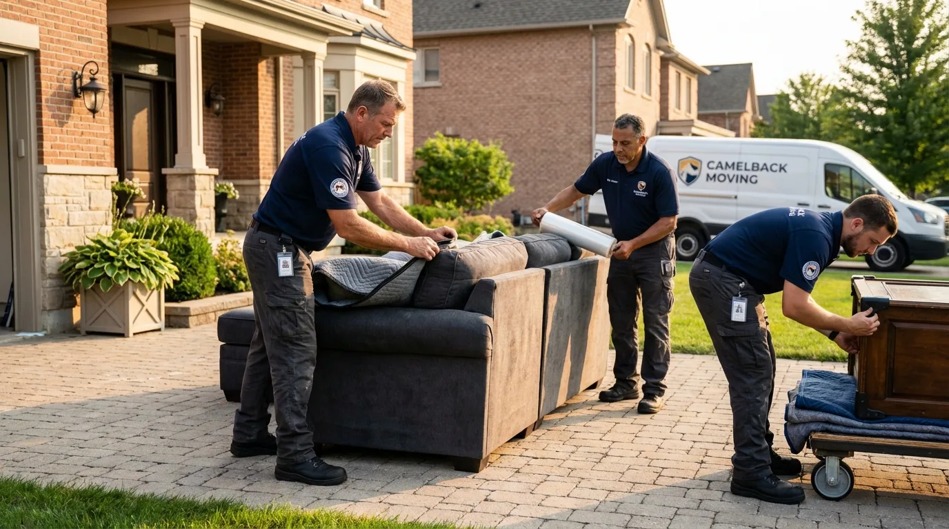 Large estate moving crew wrapping furniture in Honeoye Falls, NY