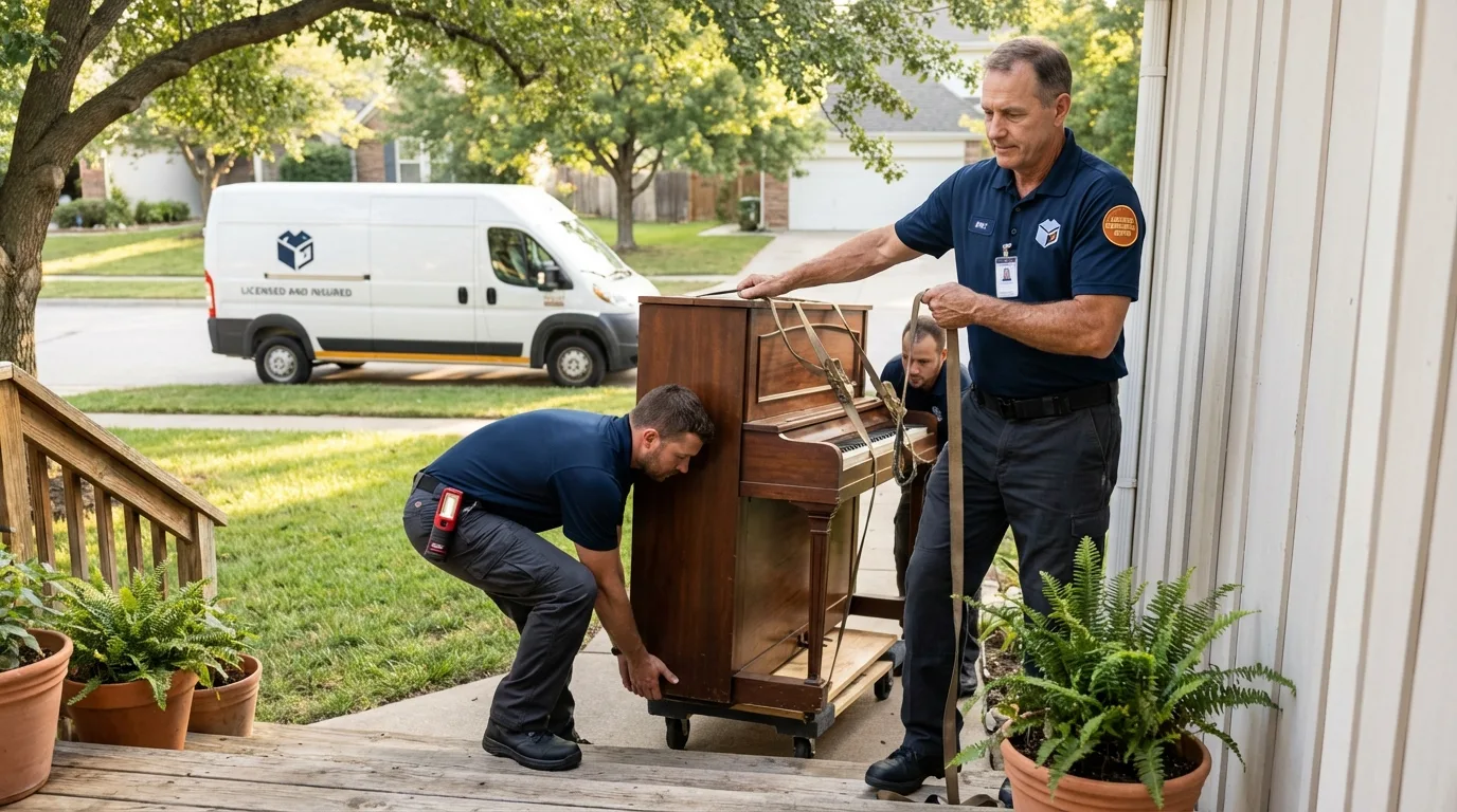 Licensed piano movers securing grand piano in Honeoye Falls, NY