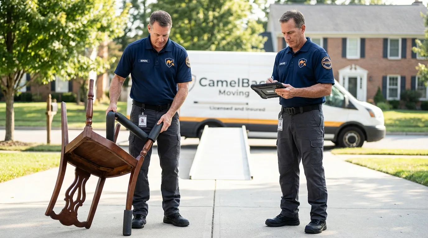 Movers inspecting furniture for damage prevention before loading in Honeoye Falls, NY