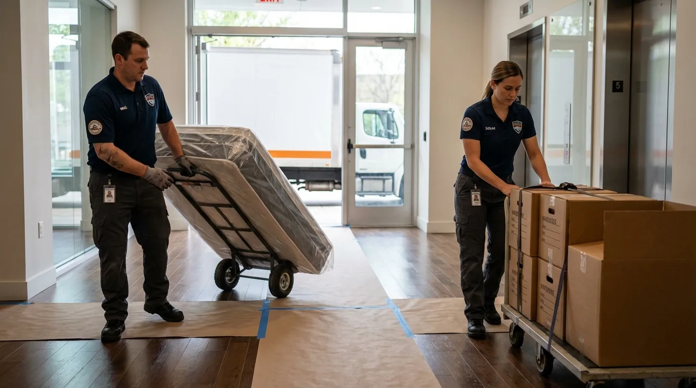 Professional apartment movers loading elevator in Honeoye Falls, NY