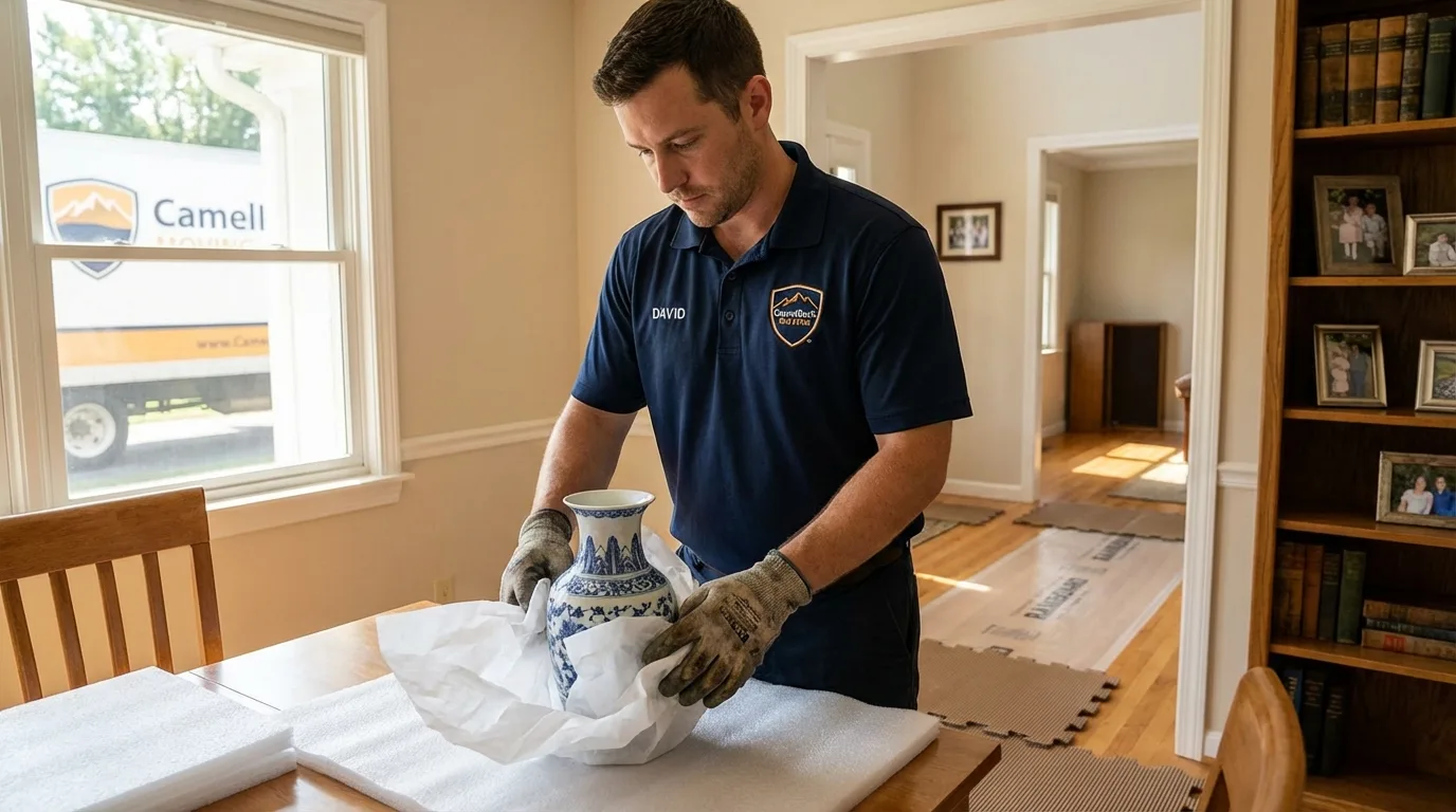 Professional crew carefully wrapping antique vase for senior downsizing move in Honeoye Falls, NY