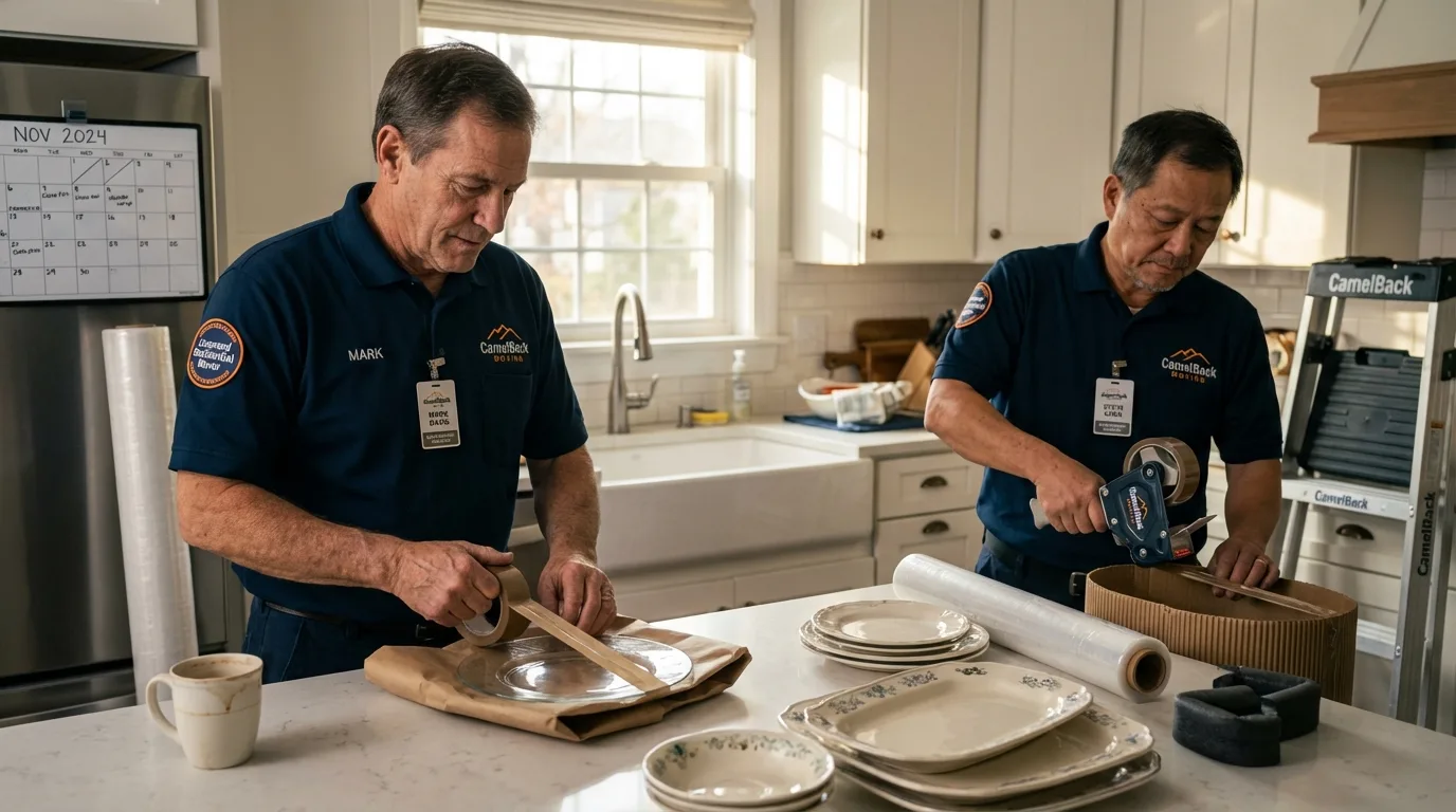 Professional crew packing kitchen dishware in Honeoye Falls, NY